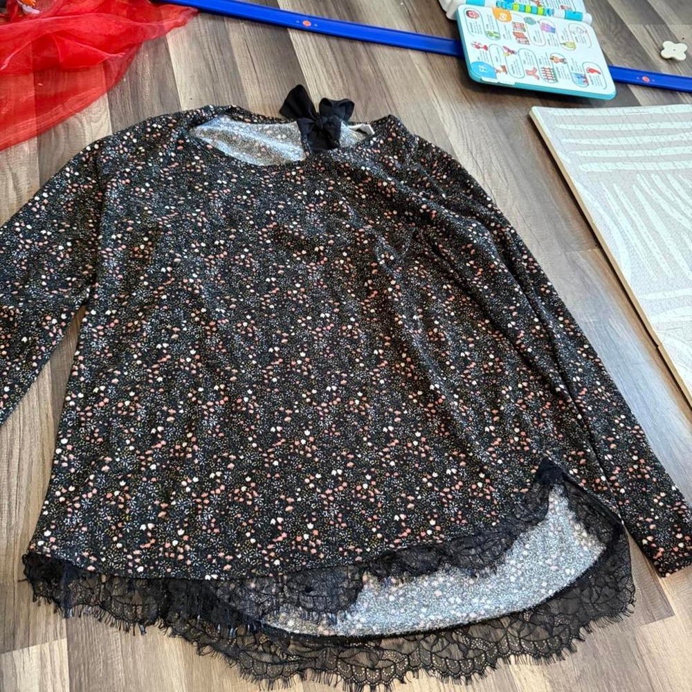 LC Lauren Conrad Black Floral Lace Trim Long Sleeve Blouse Top XL Ditsy Print